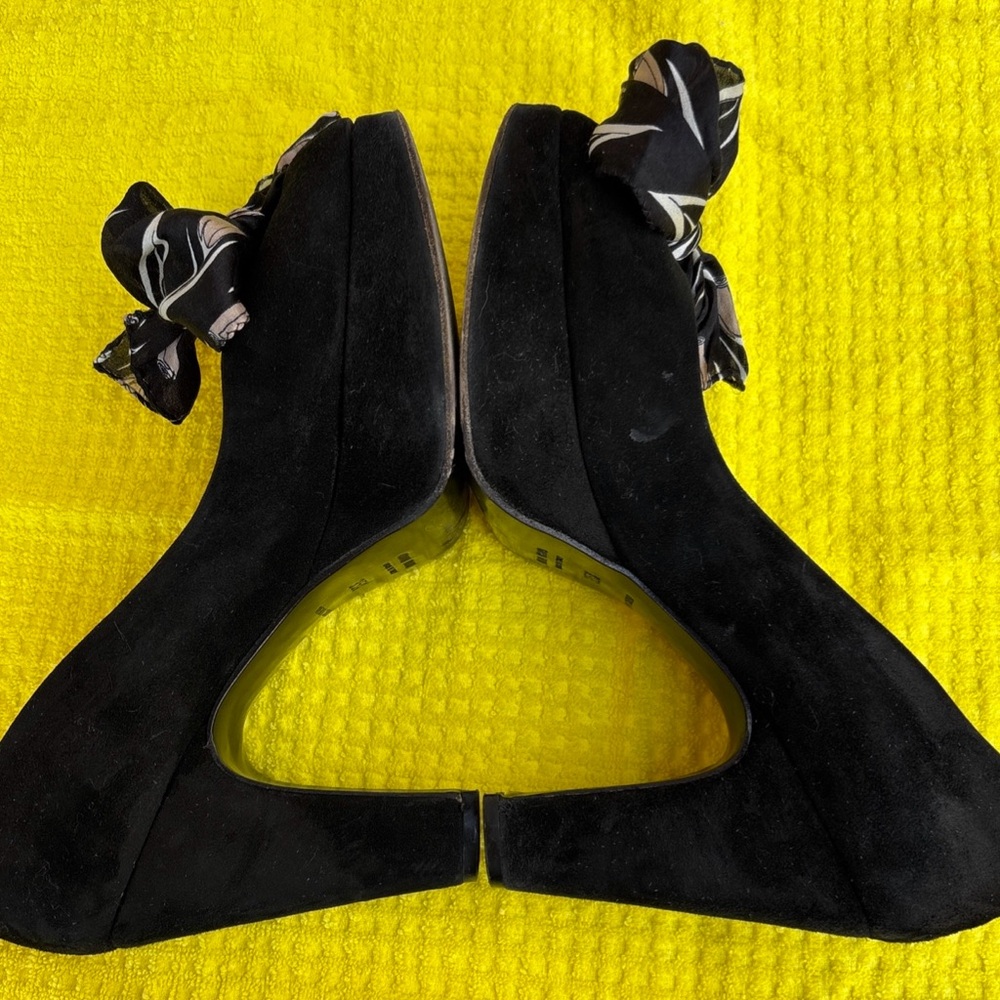 Miu Miu Black Suede Platform PEEP Toe 35 1/2 Heels Italy Silk Bow moment RareY2K